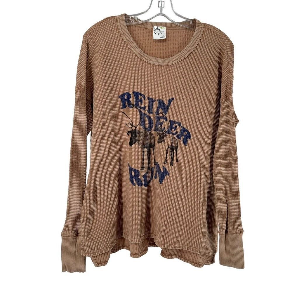 Aerie Offline Waffle Knit Thermal Reindeer Run Graphic Brown Size S Relaxed Fit